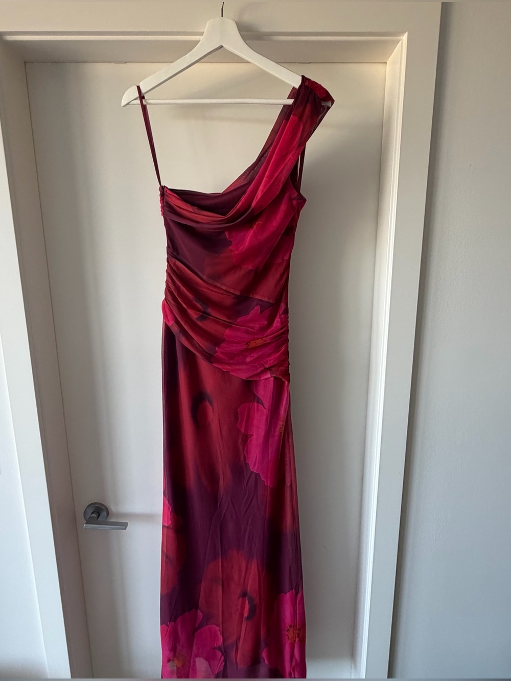 Floral Purple and Pink One-Shoulder Mesh Maxi Dress